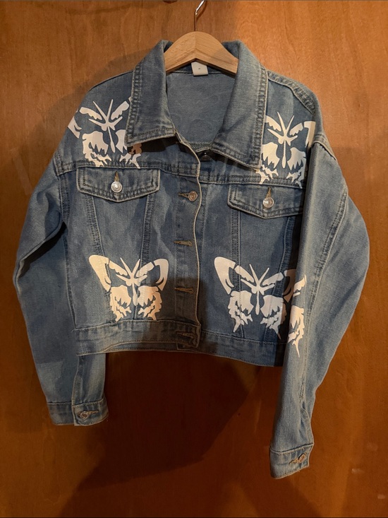 SHEIN Other - SHEIN Blue Denim Jacket with White Butterfly Prints